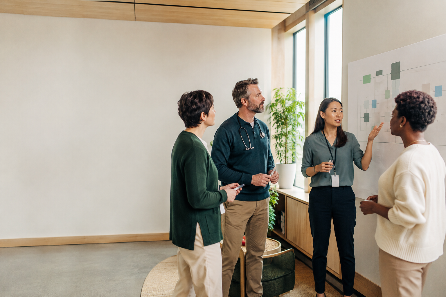 A multidisciplinary care team coordinating a shared workflow